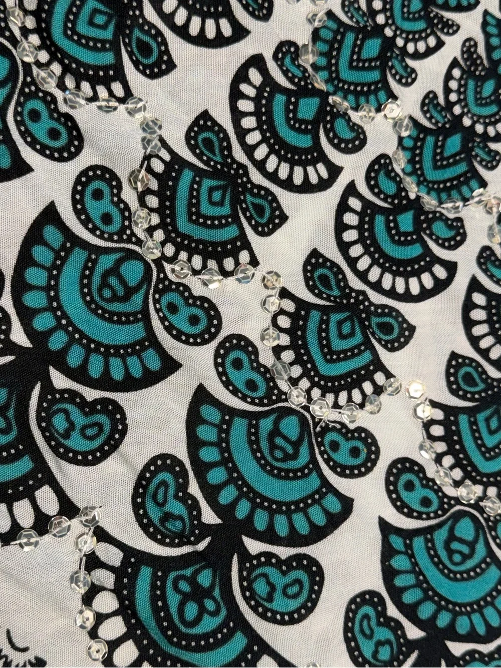 Bohemian Teal Black Mandala oversized scarf with silver sequin detail  tassels